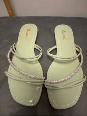 Mint Green Strappy Slide Sandals with Rhinestone Accent